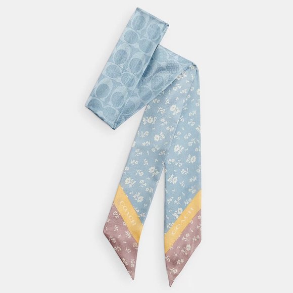 🌸🌿 Coach Mixed Garden Floral Print Silk Skinny Scarf - Picture 1 of 6
